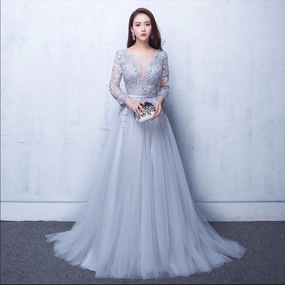 Grey Silver Long Formal Evening Tulle Dress